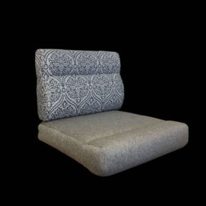 Moulded foam seat squab cushion in beige with knee roll and contoured back foam cushion in blue and white patterned fabric